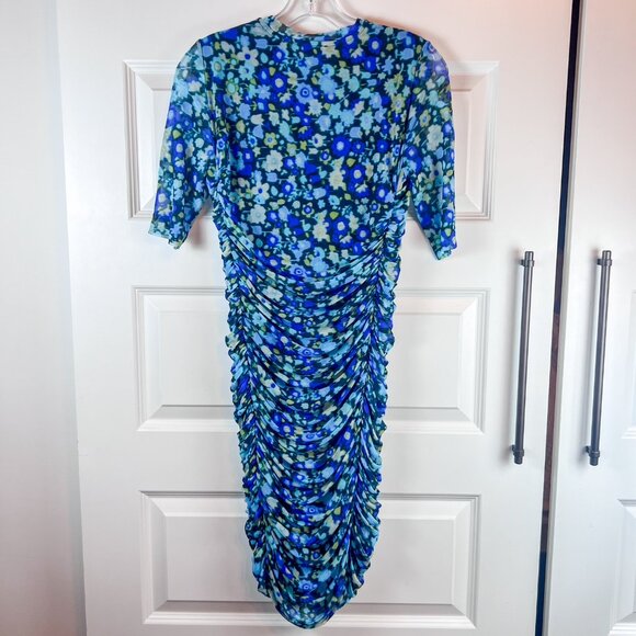 GANNI Floral Mesh Ruched Midi Dress in Azure Blue Sheer Size 4 - Picture 5 of 7